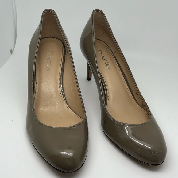 Coach Shoes - Coach‎ Devon Gray Olive Slip on Round Toe Patent Leather Pumps Size 8B